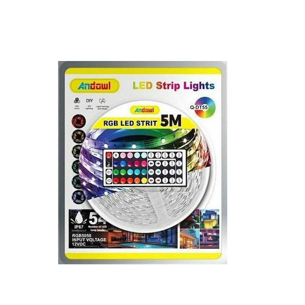 Andowl Αδιάβροχη Ταινία LED Τροφοδοσίας 12V RGB Μήκους 5m Σετ με Τηλεχειριστήριο και Τροφοδοτικό Τύπου SMD5050 Q-DT55