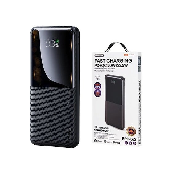 Remax RPP-622 Power Bank 10000mAh με 2 Θύρες USB-A και Θύρα USB-C Power Delivery Μαύρο