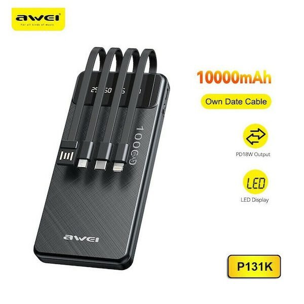 Power Bank 10000mAh με Θύρα USB-A Awei P131K Μαύρο
