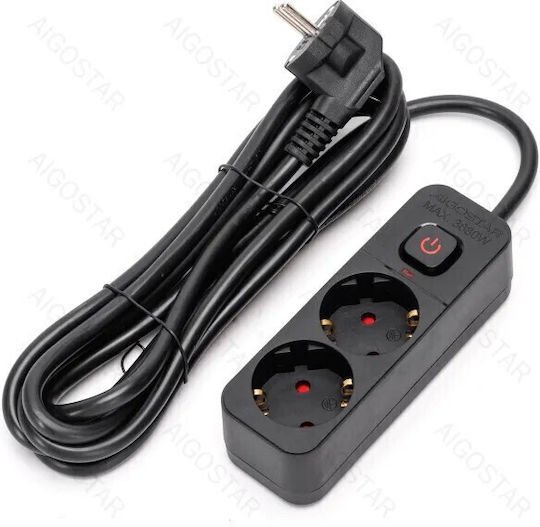Πολύπριζο Ασφαλείας 2 Θέσεων Σούκο 3680W με Διακόπτη και Καλώδιο 3m Aigostar Μαύρο 27678