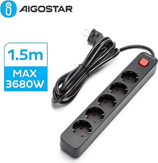 Πολύπριζο Ασφαλείας 5 Θέσεων Σούκο 3680W με Διακόπτη και Καλώδιο 1.5m Aigostar Μαύρο 110314