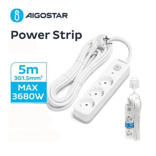 Aigostar Πολύπριζο Ασφαλείας 3 Θέσεων με Διακόπτη και Καλώδιο 5m 522746