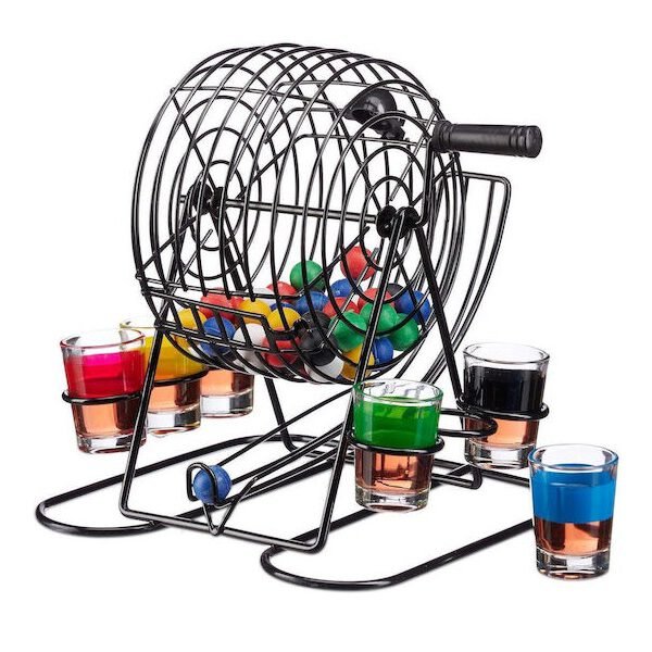 Joc Mini Loterie Flippy, Bingo, cu Pahare de Shot din Sticla, 20 x 20 x 19 cm, 48 Bile, Negru