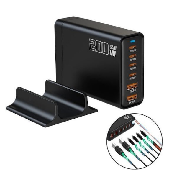 Andowl Βάση Φόρτισης GaN με 2 Θύρες USB-A και 4 Θύρες USB-C 200W Power Delivery / Quick Charge 3.0 σε Μαύρο χρώμα (Q-CD787)