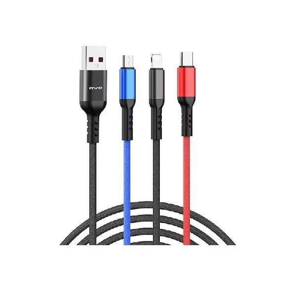Awei CL-971 Braided USB to micro USB / Type-C / Lightning Cable 2.4A Μαύρο 1.2m (x24785)