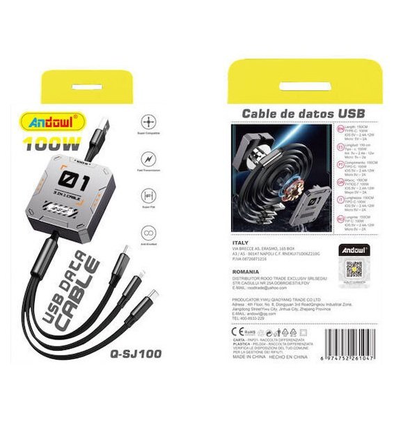 Andowl Q-SJ100 Retractable USB to Lightning / Type-C / micro USB Cable 1m