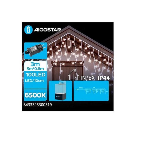 100 Χριστουγεννιάτικα Λαμπάκια Τύπου Βροχή LED 5μ.*0,60μ.+3μ. Ψυχρό Λευκό Χρώμα με 8 Προγράμματα-300319