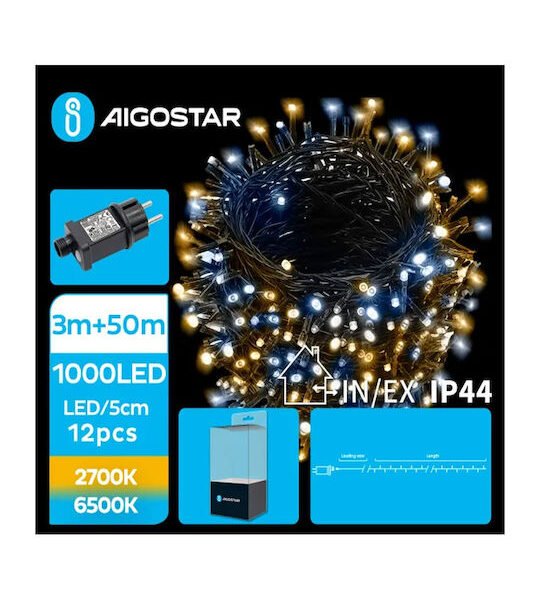 1000 Χριστουγεννιάτικα Λαμπάκια LED 53μ 6W 220V IP44 σε Σειρά με 8 Λειτουργίες και Χρονοδιακόπτη σε Θερμό και Ψυχρό Λευκό Φωτισμό Aigostar- 299811