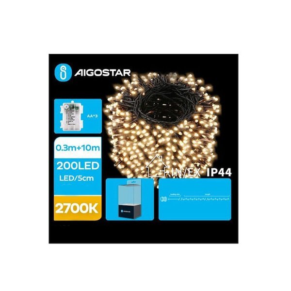 200 Χριστουγεννιάτικα Λαμπάκια LED 10μ Μπαταρίας IP44 σε Σειρά με Μαύρο Καλώδιο σε Θερμό Λευκό Φωτισμό 2700K Aigostar-112087
