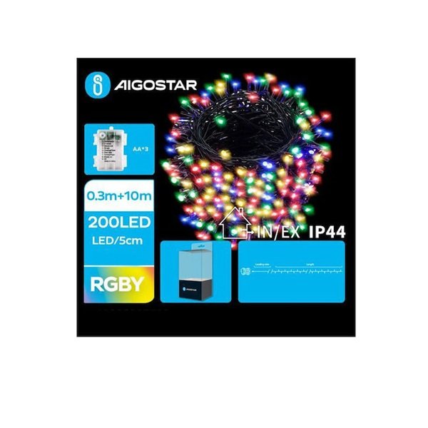 200 Χριστουγεννιάτικα Λαμπάκια LED 10μ Μπαταρίας IP44 σε Σειρά με Μαύρο Καλώδιο σε RGBY Φωτισμό Aigostar- 112093