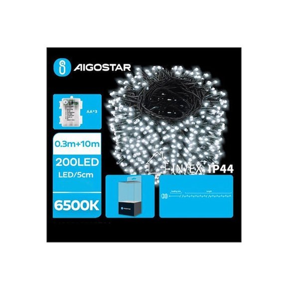 200 Χριστουγεννιάτικα Λαμπάκια LED 10μ Μπαταρίας IP44 σε Σειρά με Μαύρο Καλώδιο σε Ψυχρό Λευκό Φωτισμό 6500K Aigostar-112090