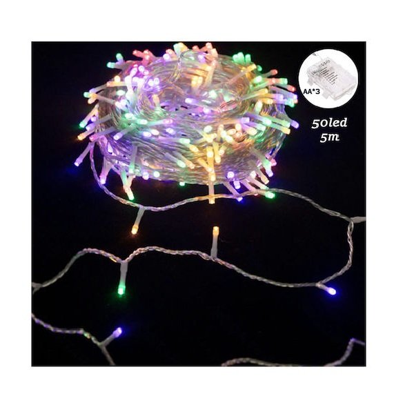 50 Χριστουγεννιάτικα Λαμπάκια LED 5μ Μπαταρίας IP44 σε Σειρά με Διάφανο Καλώδιο σε RGBY Φωτισμό Aigostar-112085