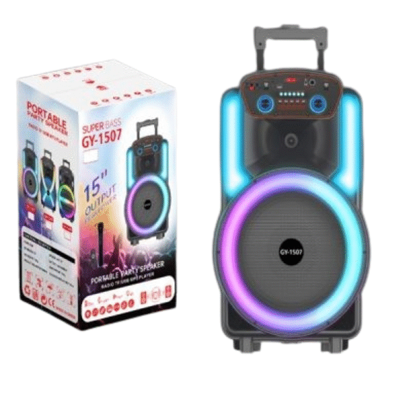 Ασύρματο ηχείο Karaoke Partybox Bluetooth με ροδάκια, ηχείο subwoofer 50W 15″ με ασύρματο μικρόφωνο, τηλεχειριστήριο και RGB φωτισμό GY-1507