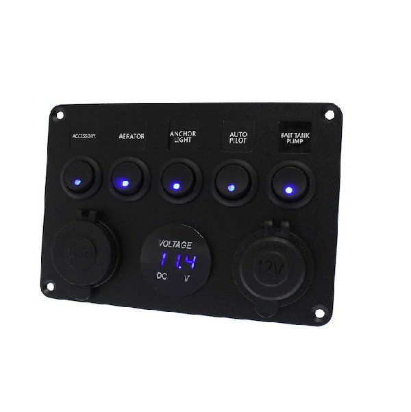 Πολυλειτουργικός Πίνακας Ελέγχου 12V με Θύρες 2 X Usb/Αναπτήρα Βολτόμετρο και 5 Διακόπτες Εναλλαγής Μπλε EE6746