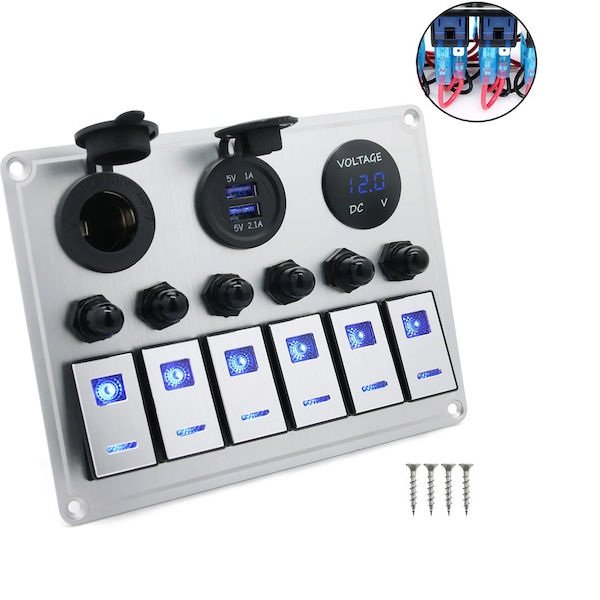 Πολυλειτουργικός Πίνακας Ελέγχου 12-24V με 2 Θύρες USB, Αναπτήρα, Βολτόμετρο και 6 Διακόπτες Εναλλαγής Μπλε για Αυτοκίνητα/Φορτηγά/Σκάφη JS-NF6 XINFU-108150