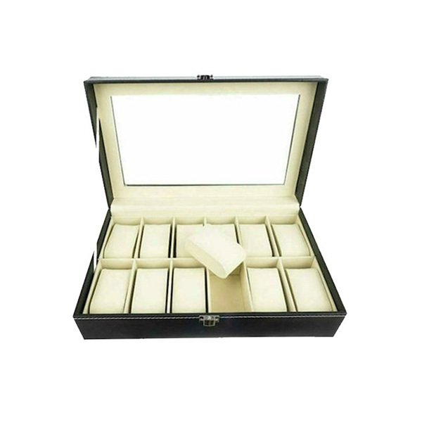 Δερμάτινη Θήκη Ρολογιών 12 Θέσεων Βελούδινη Εσωτερική Επένδυση Γυάλινο Καπάκι 30x20x7.5cm Ld-1022