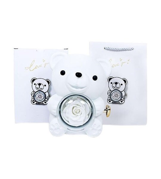 Αρκουδάκι Περιστρεφόμενο Τριαντάφυλλο Θήκη Κοσμήματος Λευκό