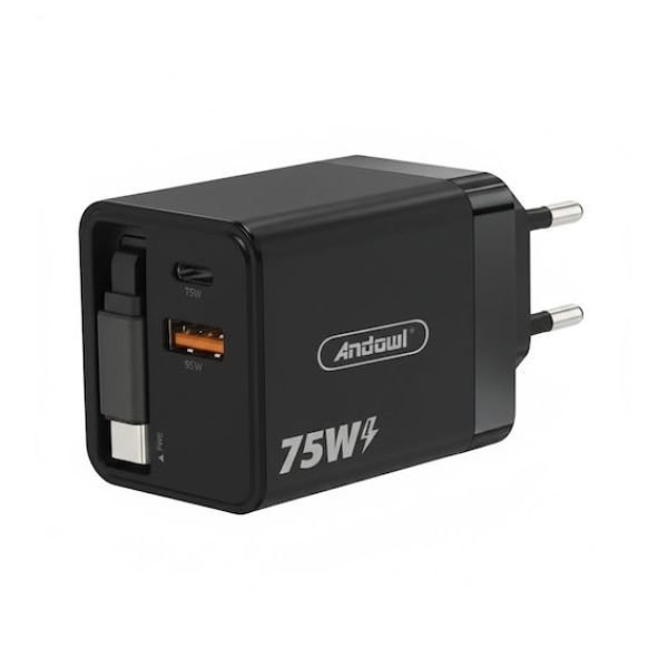 Andowl Φορτιστής με Ενσωματωμένο Καλώδιο με Θύρα USB-A και Θύρα USB-C USB-C 75W Power Delivery Μαύρος (Q-CD09)