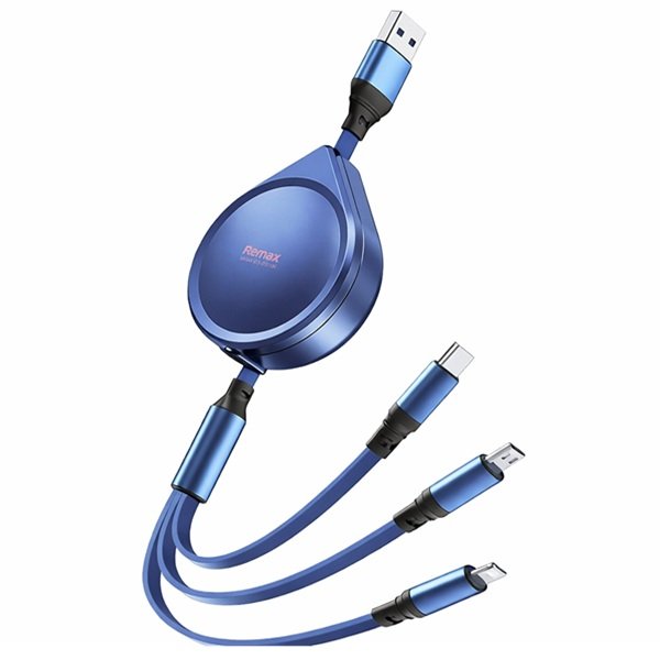 set asyrmati kamera opisthoporeias me othoni Remax RC-C018 Flat / Retractable USB to Lightning / Type-C / micro USB Cable Μπλε 1.2m