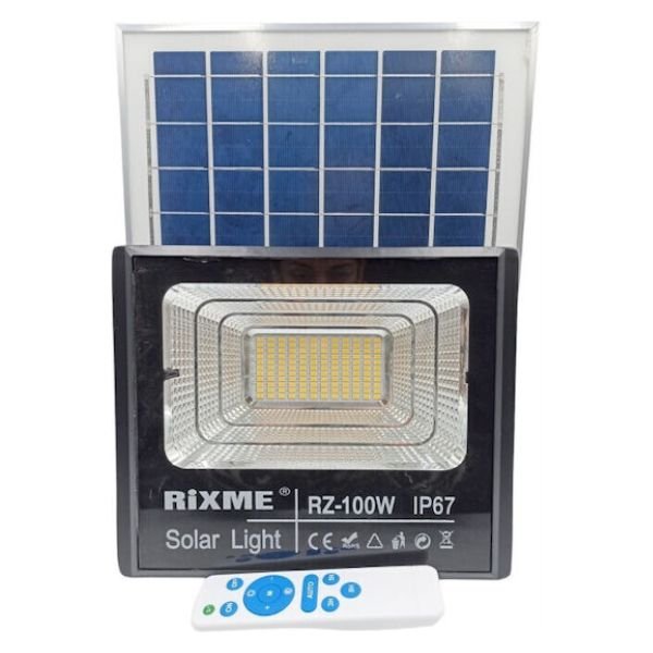 Rixme Στεγανός Ηλιακός Προβολέας LED 100W Ψυχρό Λευκό 6000K με Τηλεχειριστήριο IP67 RZ-100W